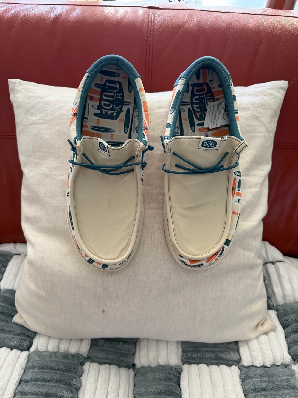 Hey Dude Cream Canvas Boat Shoes with Teal & Orange Surf Accents